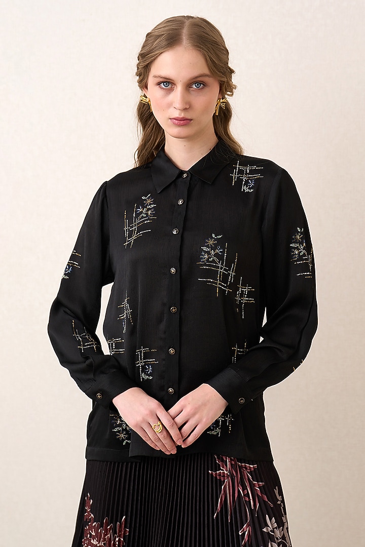 Black Crinkle Chiffon Printed Shirt by Ranna Gill at Pernia's Pop Up Shop