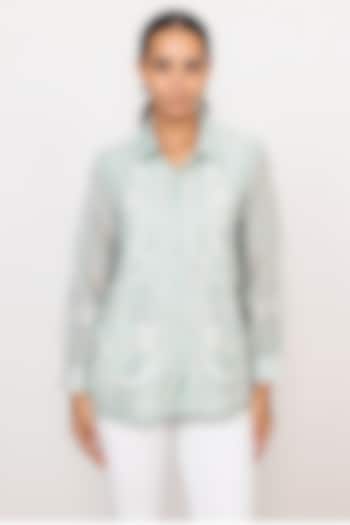 Aqua Blue Dhaka Linen Printed Top by Ranna Gill at Pernia's Pop Up Shop