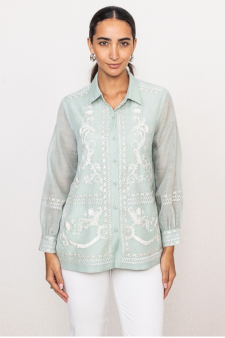 Aqua Blue Dhaka Linen Printed Top by Ranna Gill at Pernia's Pop Up Shop