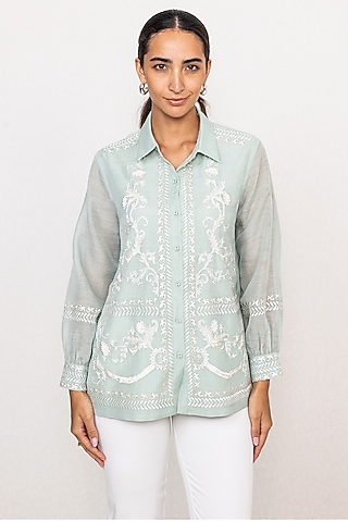 Aqua Blue Dhaka Linen Printed Top by Ranna Gill