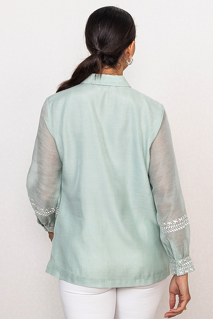 Aqua Blue Dhaka Linen Printed Top by Ranna Gill at Pernia's Pop Up Shop