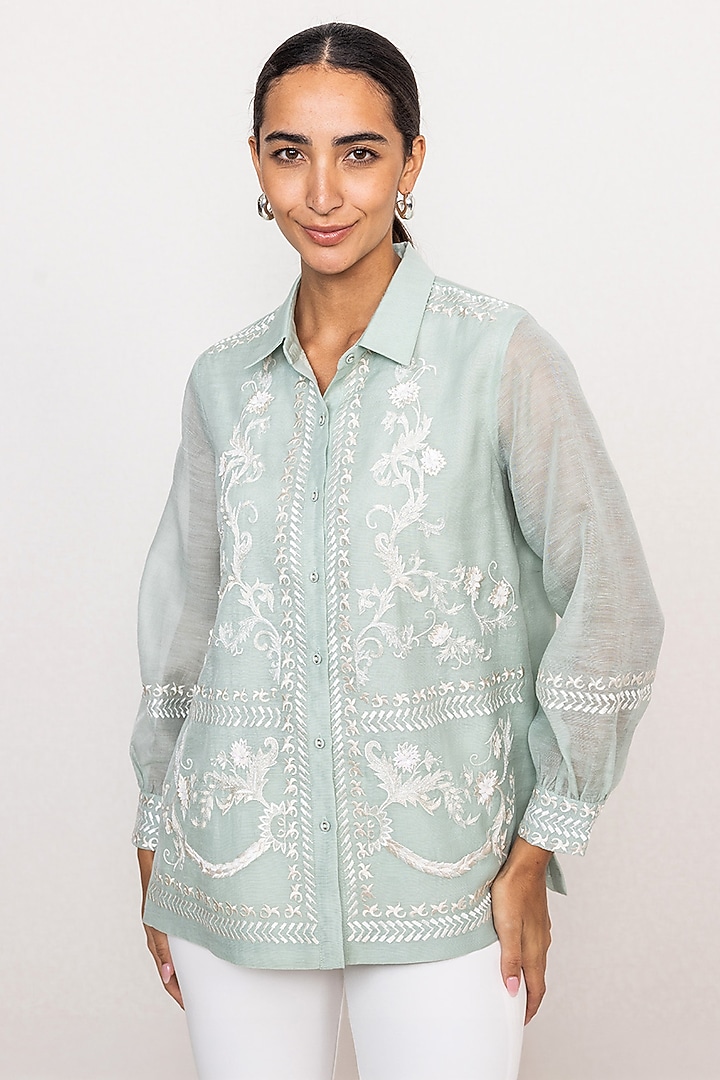 Aqua Blue Dhaka Linen Printed Top by Ranna Gill at Pernia's Pop Up Shop
