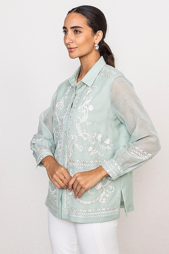 Aqua Blue Dhaka Linen Printed Top by Ranna Gill at Pernia's Pop Up Shop