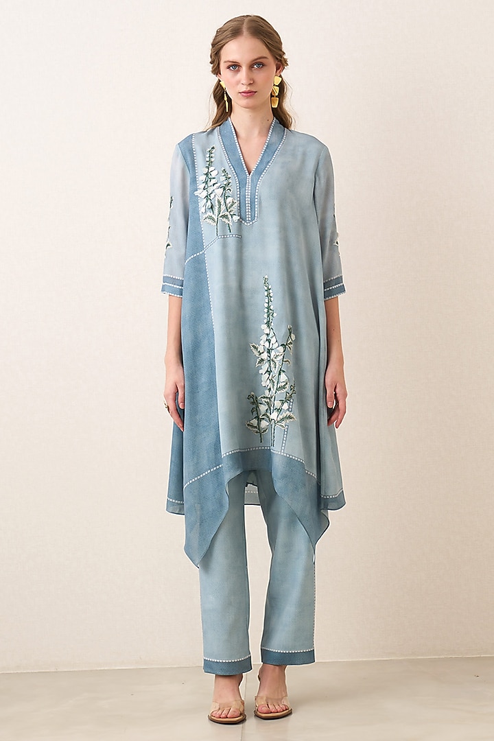 Powder Blue Poly Georgette Embroidered Tunic Set by Ranna Gill at Pernia's Pop Up Shop