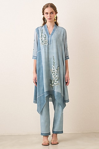 Powder Blue Poly Georgette Embroidered Tunic Set by Ranna Gill
