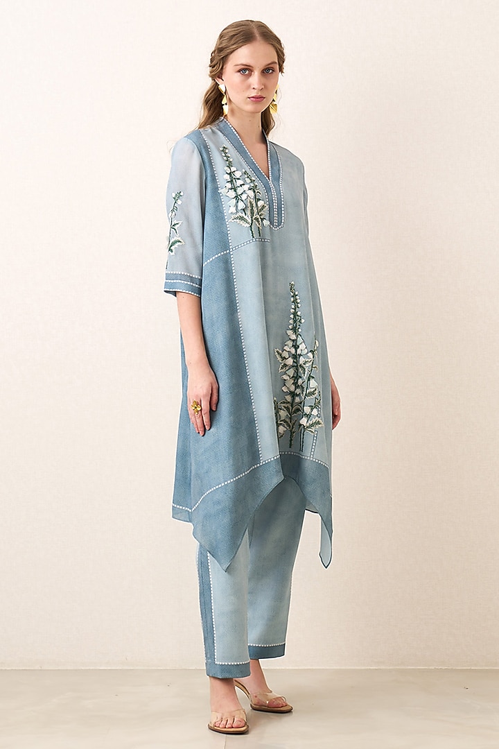 Powder Blue Poly Georgette Embroidered Tunic Set by Ranna Gill at Pernia's Pop Up Shop