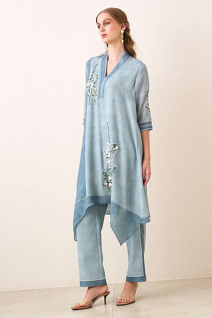 Powder Blue Poly Georgette Embroidered Tunic Set by Ranna Gill at Pernia's Pop Up Shop