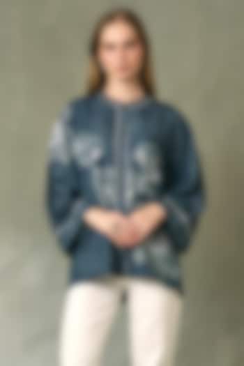 Blue Denim Tencel Twill Printed Top by Ranna Gill at Pernia's Pop Up Shop