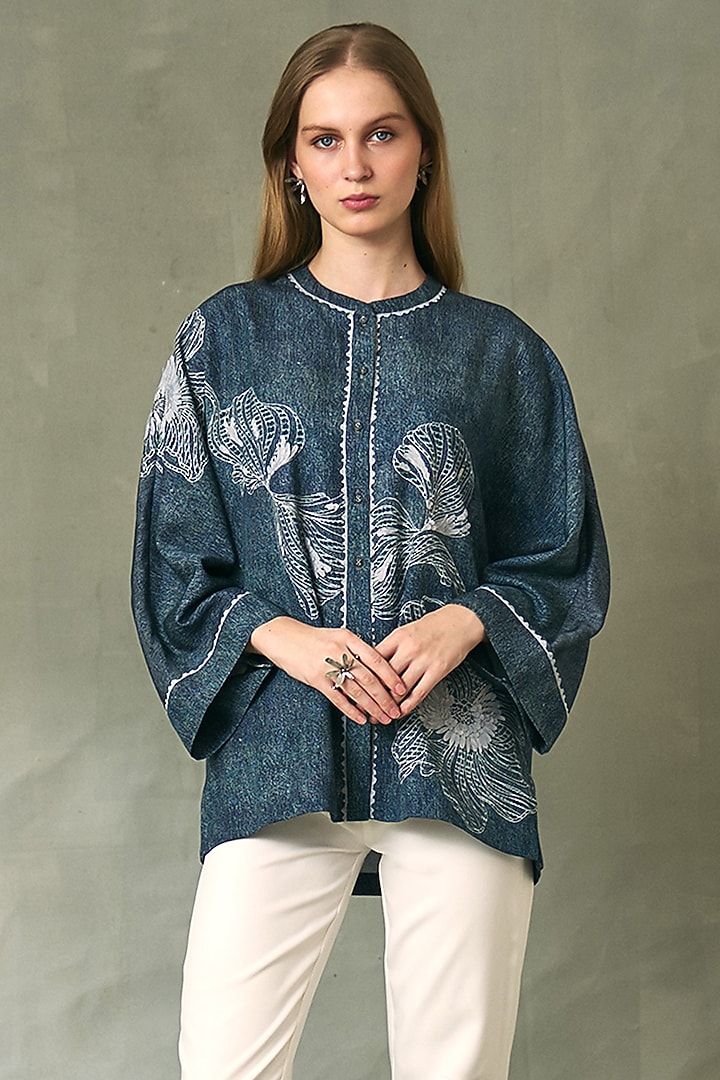 Blue Denim Tencel Twill Printed Top by Ranna Gill at Pernia's Pop Up Shop