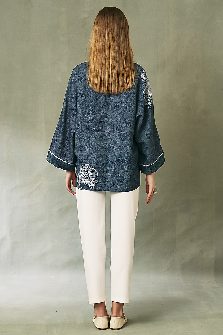 Blue Denim Tencel Twill Printed Top by Ranna Gill at Pernia's Pop Up Shop