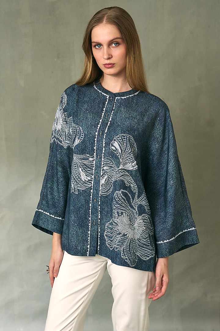 Blue Denim Tencel Twill Printed Top by Ranna Gill at Pernia's Pop Up Shop