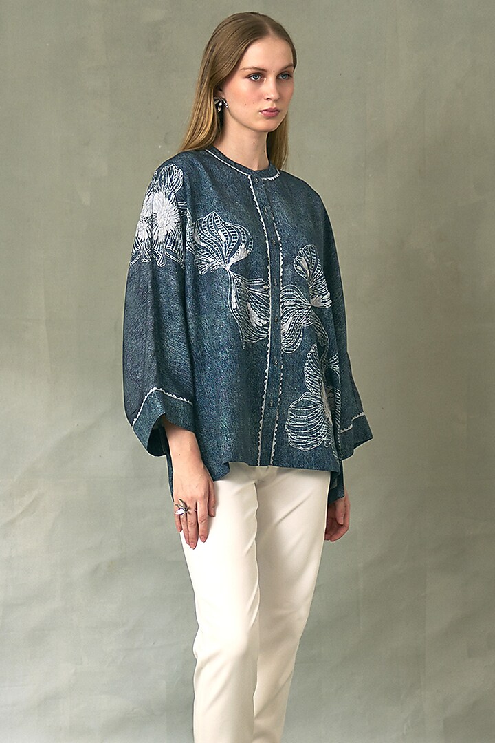 Blue Denim Tencel Twill Printed Top by Ranna Gill at Pernia's Pop Up Shop