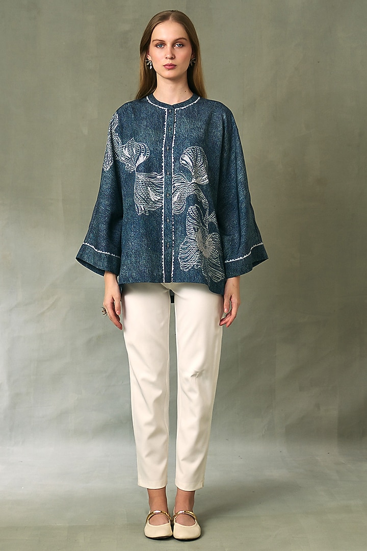 Blue Denim Tencel Twill Printed Top by Ranna Gill at Pernia's Pop Up Shop