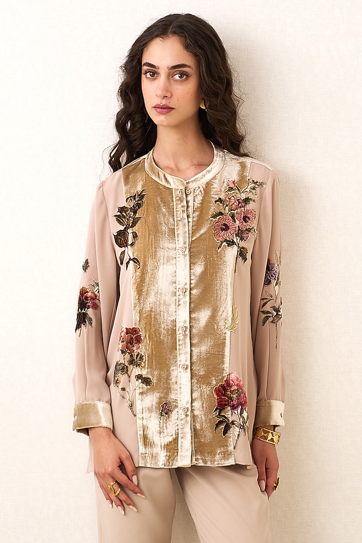 Champagne Poly Georgette & Poly Velvet Printed Top by Ranna Gill at Pernia's Pop Up Shop