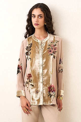 Champagne Poly Georgette & Poly Velvet Printed Top by Ranna Gill