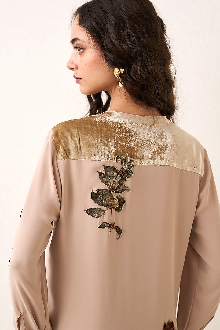 Champagne Poly Georgette & Poly Velvet Printed Top by Ranna Gill at Pernia's Pop Up Shop