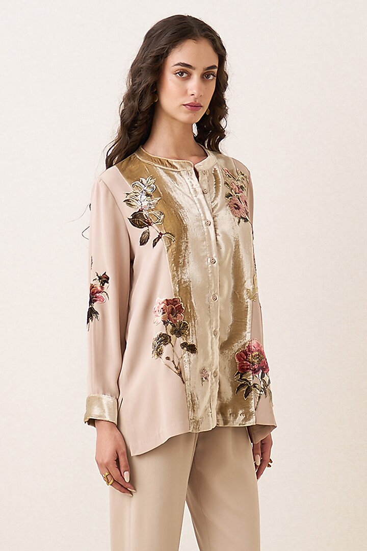Champagne Poly Georgette & Poly Velvet Printed Top by Ranna Gill at Pernia's Pop Up Shop