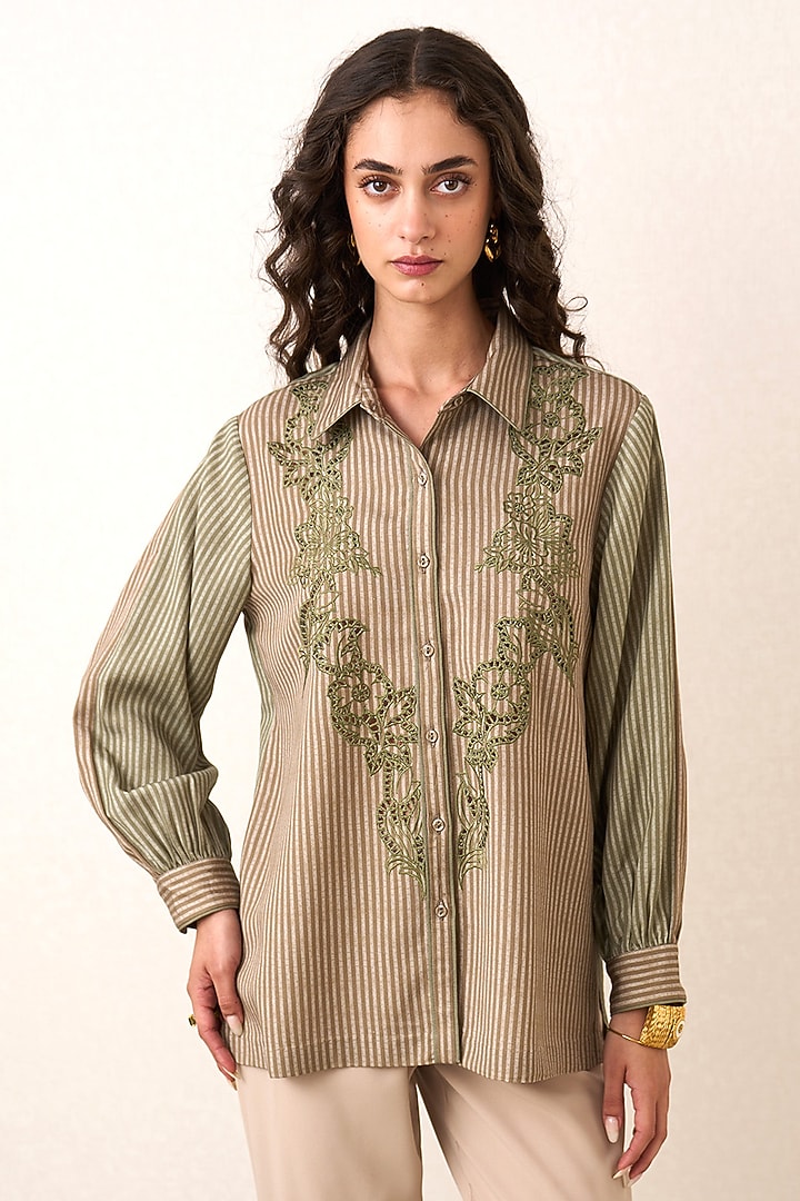 Olive Tencel Twill Striped Top by Ranna Gill at Pernia's Pop Up Shop
