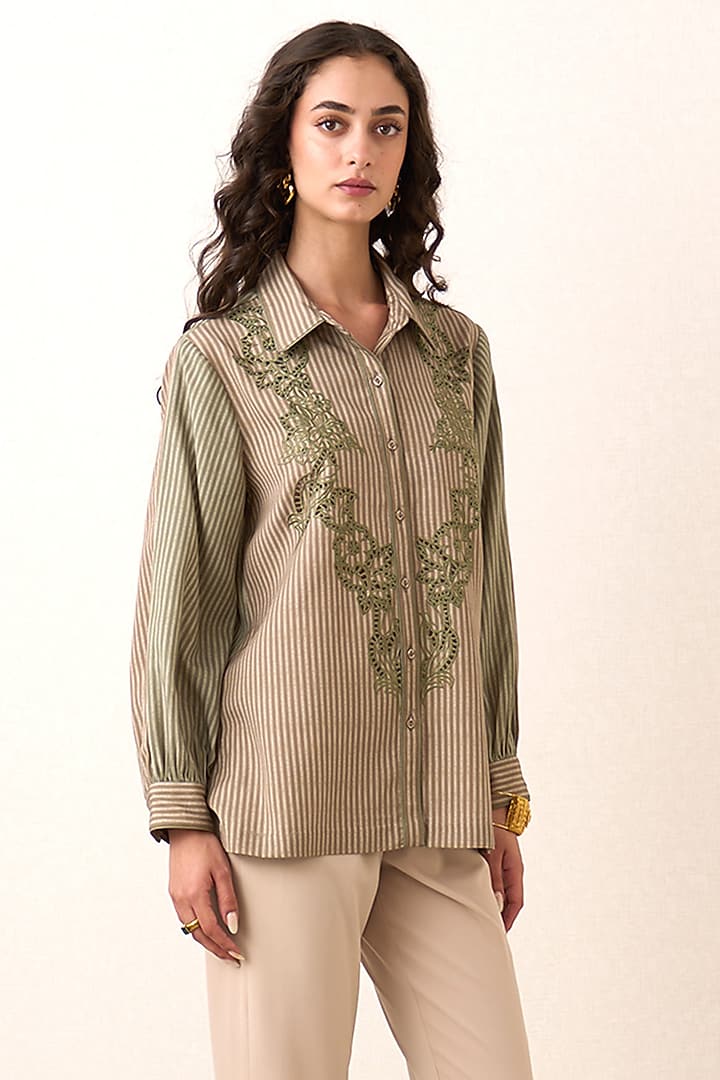 Olive Tencel Twill Striped Top by Ranna Gill at Pernia's Pop Up Shop
