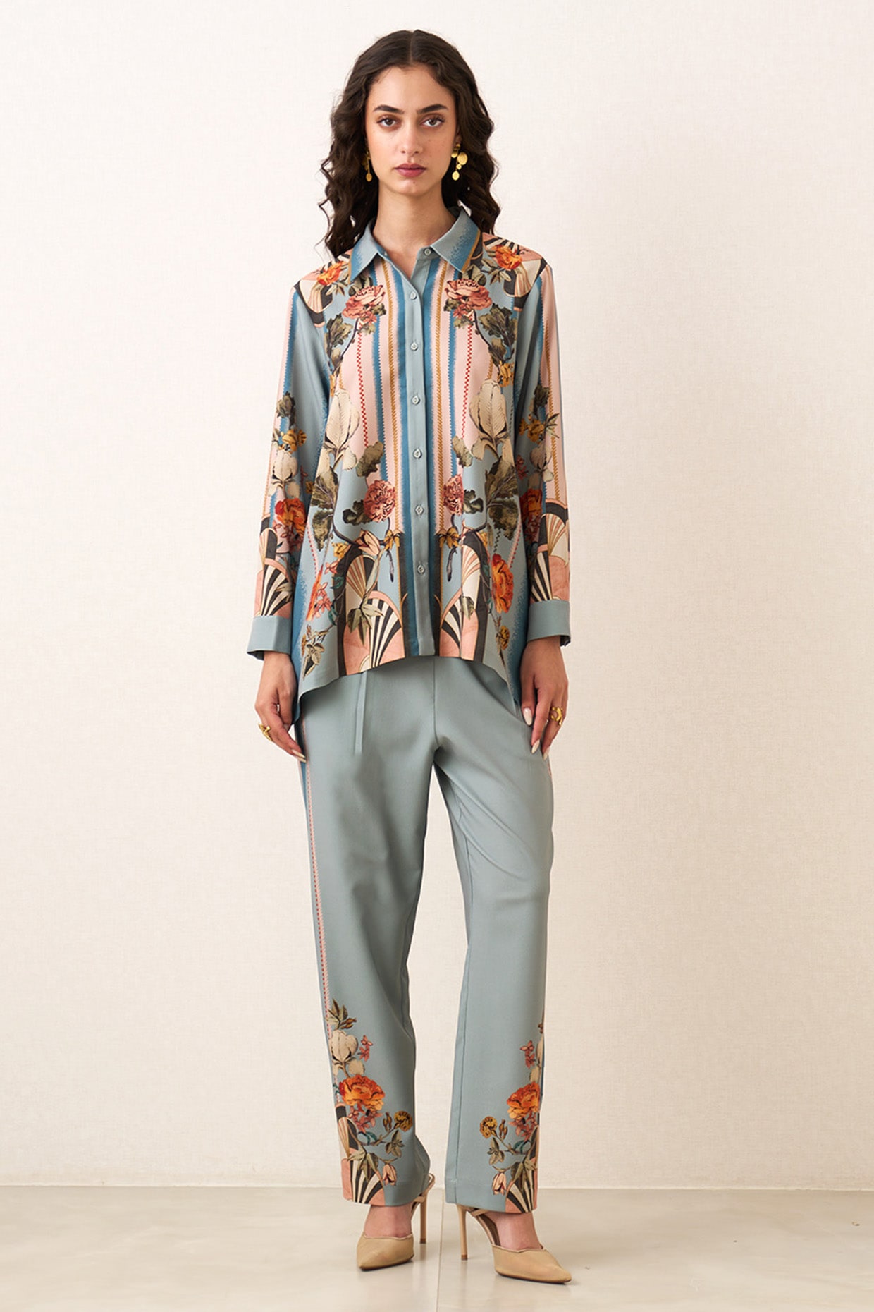Ranna Gill Blue Denim Poly Crinkle Printed Co-Ord Set