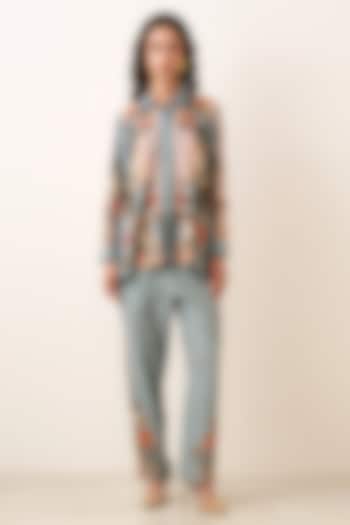 Blue Denim Poly Crinkle Printed Co-Ord Set by Ranna Gill at Pernia's Pop Up Shop