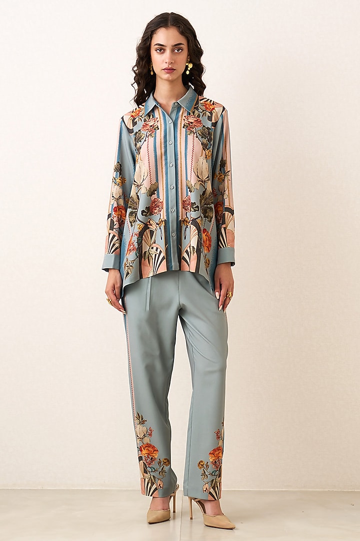 Blue Denim Poly Crinkle Printed Co-Ord Set by Ranna Gill at Pernia's Pop Up Shop