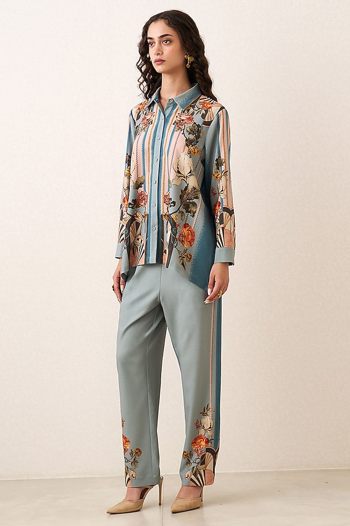 Blue Denim Poly Crinkle Printed Co-Ord Set by Ranna Gill at Pernia's Pop Up Shop