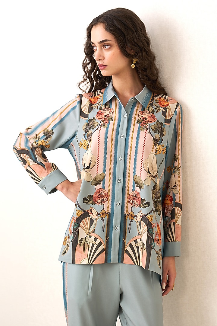 Blue Denim Poly Crinkle Printed Co-Ord Set by Ranna Gill at Pernia's Pop Up Shop