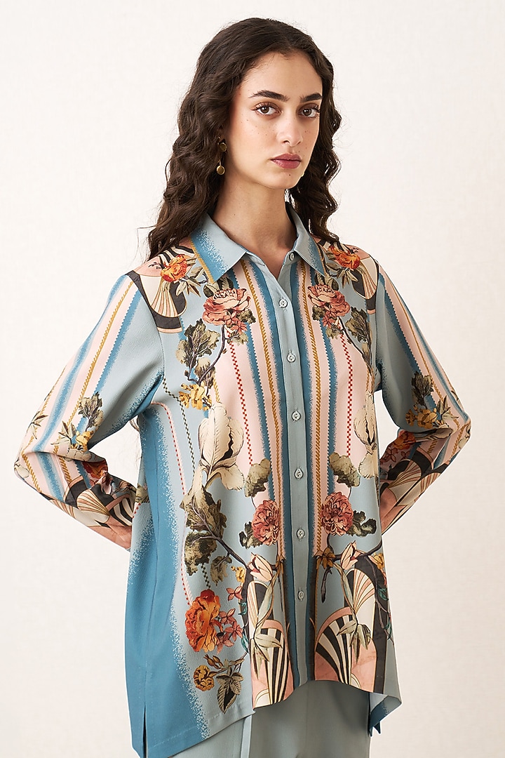 Blue Denim Poly Crinkle Printed Co-Ord Set by Ranna Gill at Pernia's Pop Up Shop