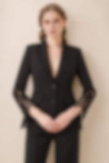 Black Banana Crepe Lace Panel Jacket by Ranna Gill at Pernia's Pop Up Shop