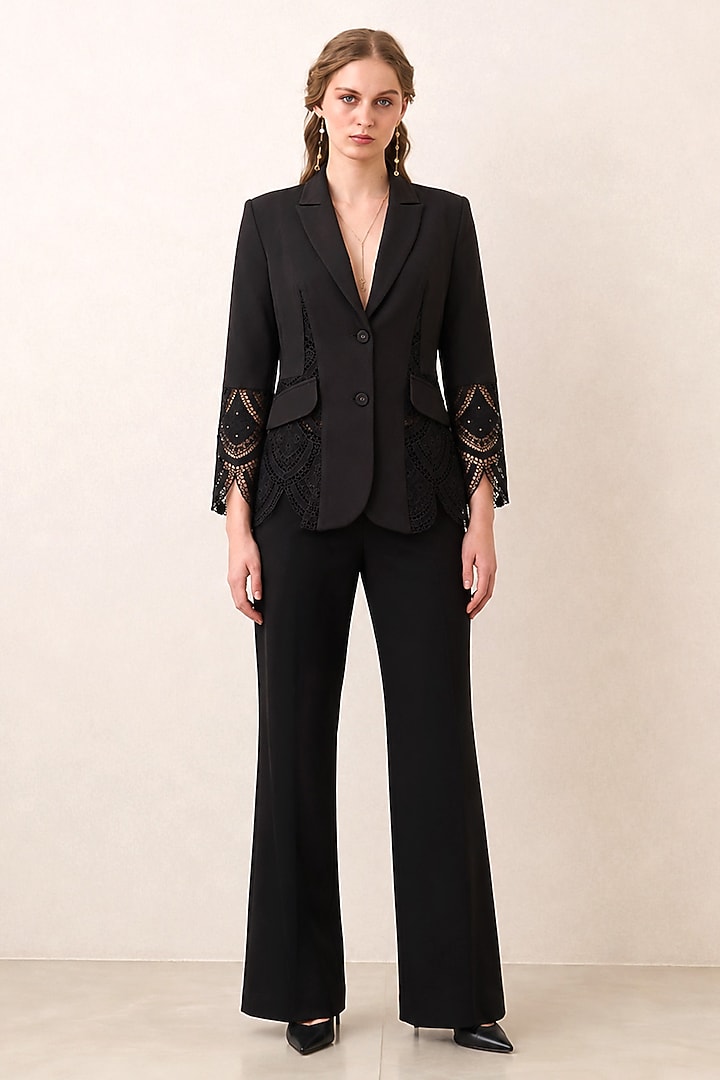 Black Banana Crepe Lace Panel Jacket by Ranna Gill at Pernia's Pop Up Shop