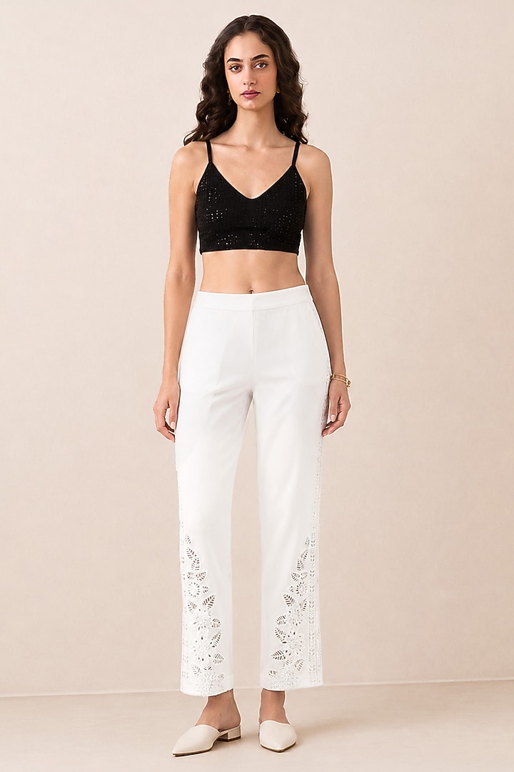 White Banana Crepe Lace Detailed Pants by Ranna Gill at Pernia's Pop Up Shop