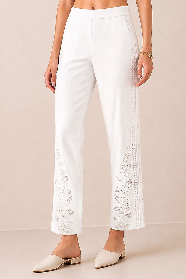White Banana Crepe Lace Detailed Pants by Ranna Gill at Pernia's Pop Up Shop
