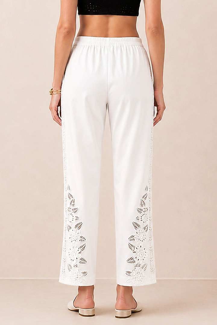 White Banana Crepe Lace Detailed Pants by Ranna Gill at Pernia's Pop Up Shop