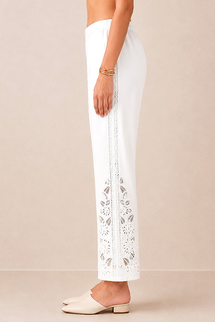 White Banana Crepe Lace Detailed Pants by Ranna Gill at Pernia's Pop Up Shop