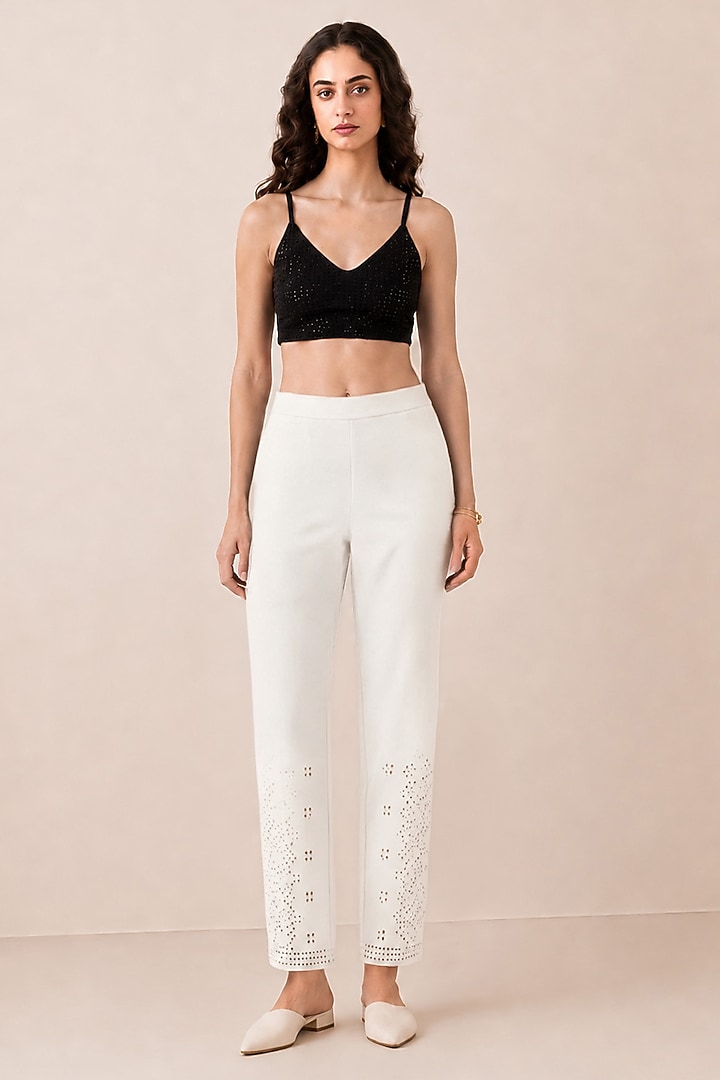 White Banana Crepe Lace Detailed Pants by Ranna Gill at Pernia's Pop Up Shop