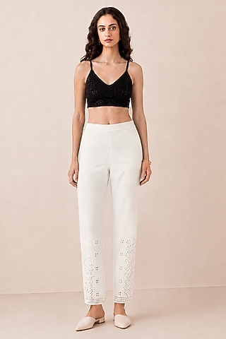 White Banana Crepe Lace Detailed Pants by Ranna Gill