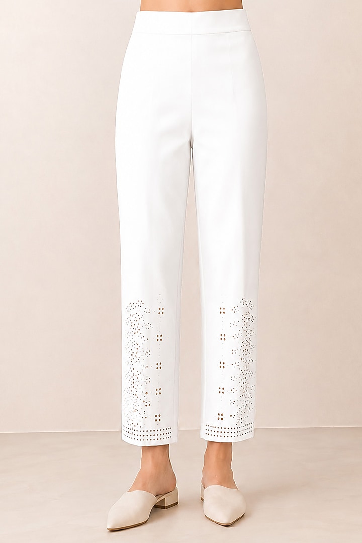 White Banana Crepe Lace Detailed Pants by Ranna Gill at Pernia's Pop Up Shop
