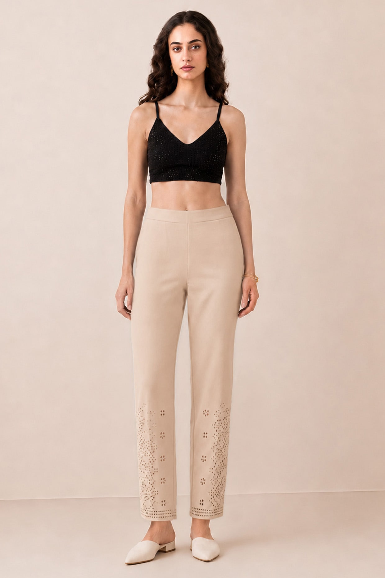 Ranna Gill Beige Banana Crepe Lace Detailed Pants
