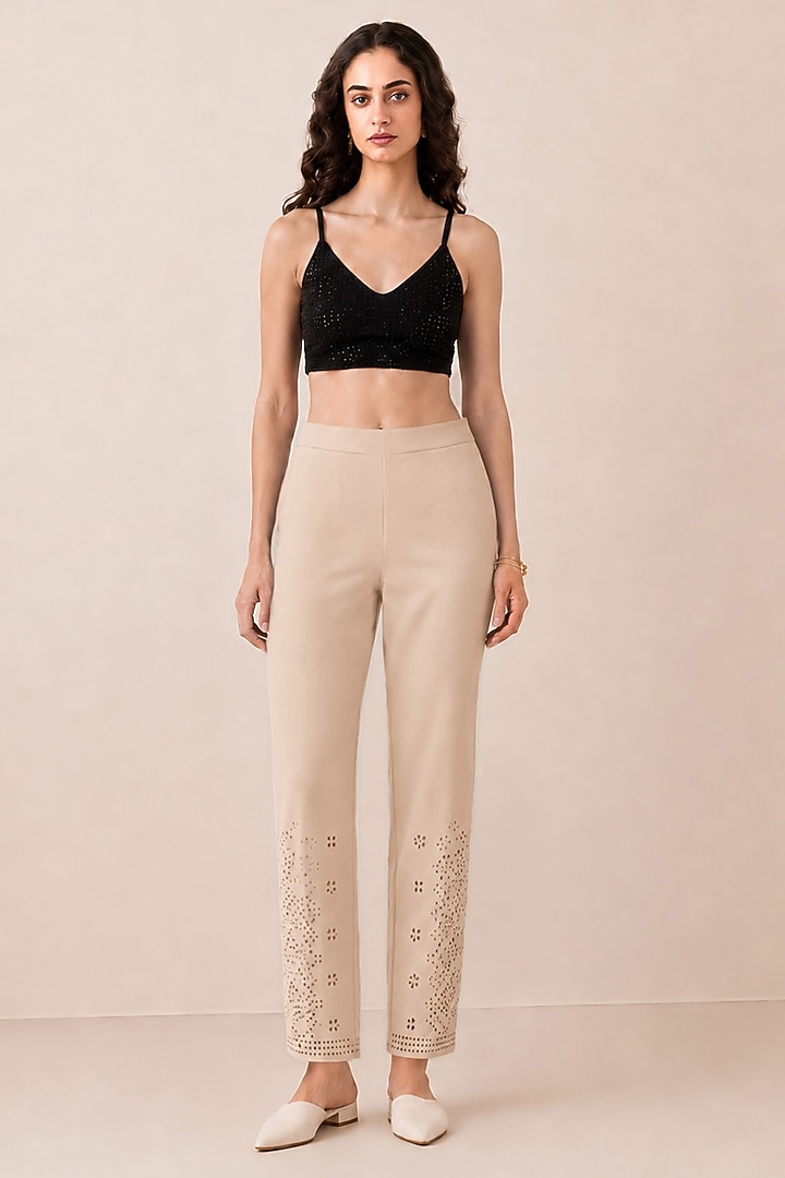 Beige Banana Crepe Lace Detailed Pants by Ranna Gill at Pernia's Pop Up Shop