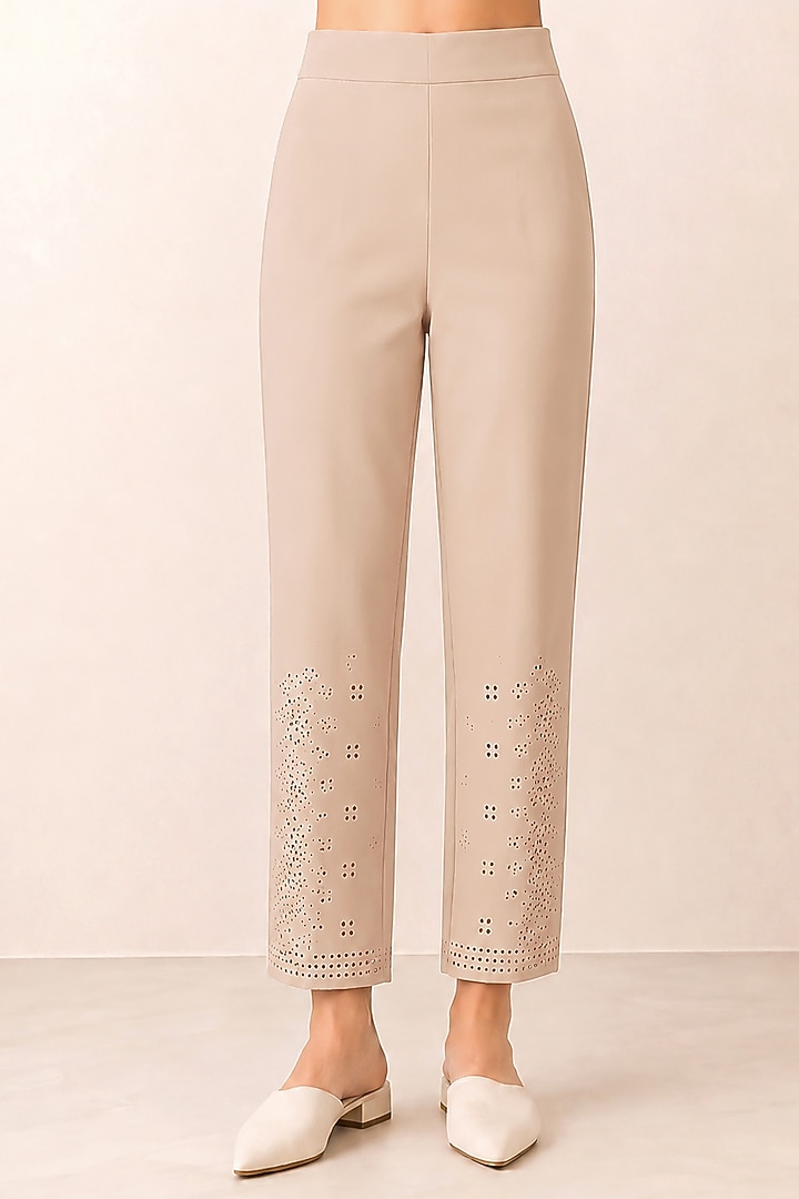Beige Banana Crepe Lace Detailed Pants by Ranna Gill at Pernia's Pop Up Shop