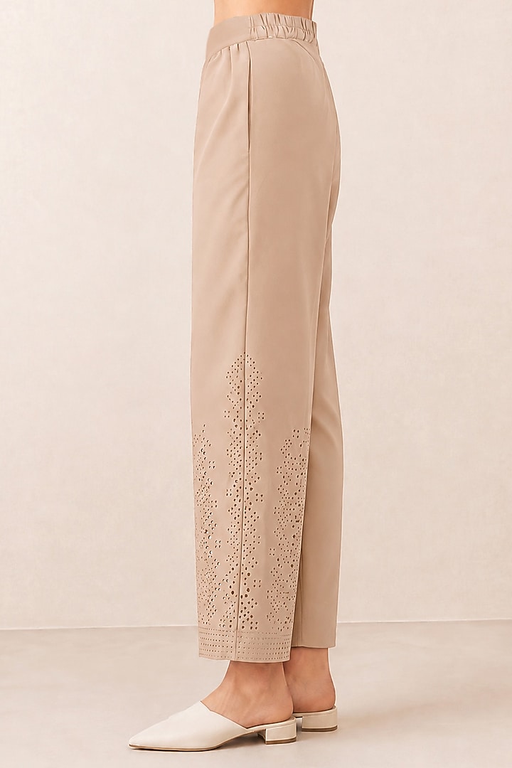 Beige Banana Crepe Lace Detailed Pants by Ranna Gill at Pernia's Pop Up Shop