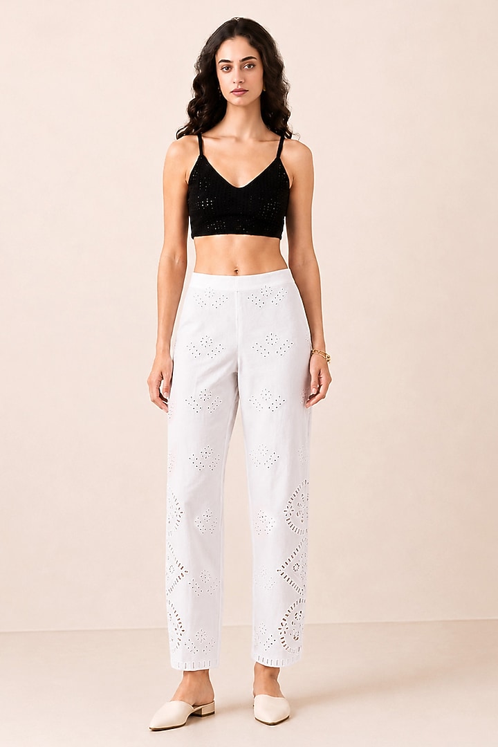White Denim Lace Detailed Pants by Ranna Gill at Pernia's Pop Up Shop