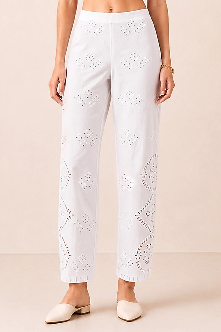 White Denim Lace Detailed Pants by Ranna Gill at Pernia's Pop Up Shop