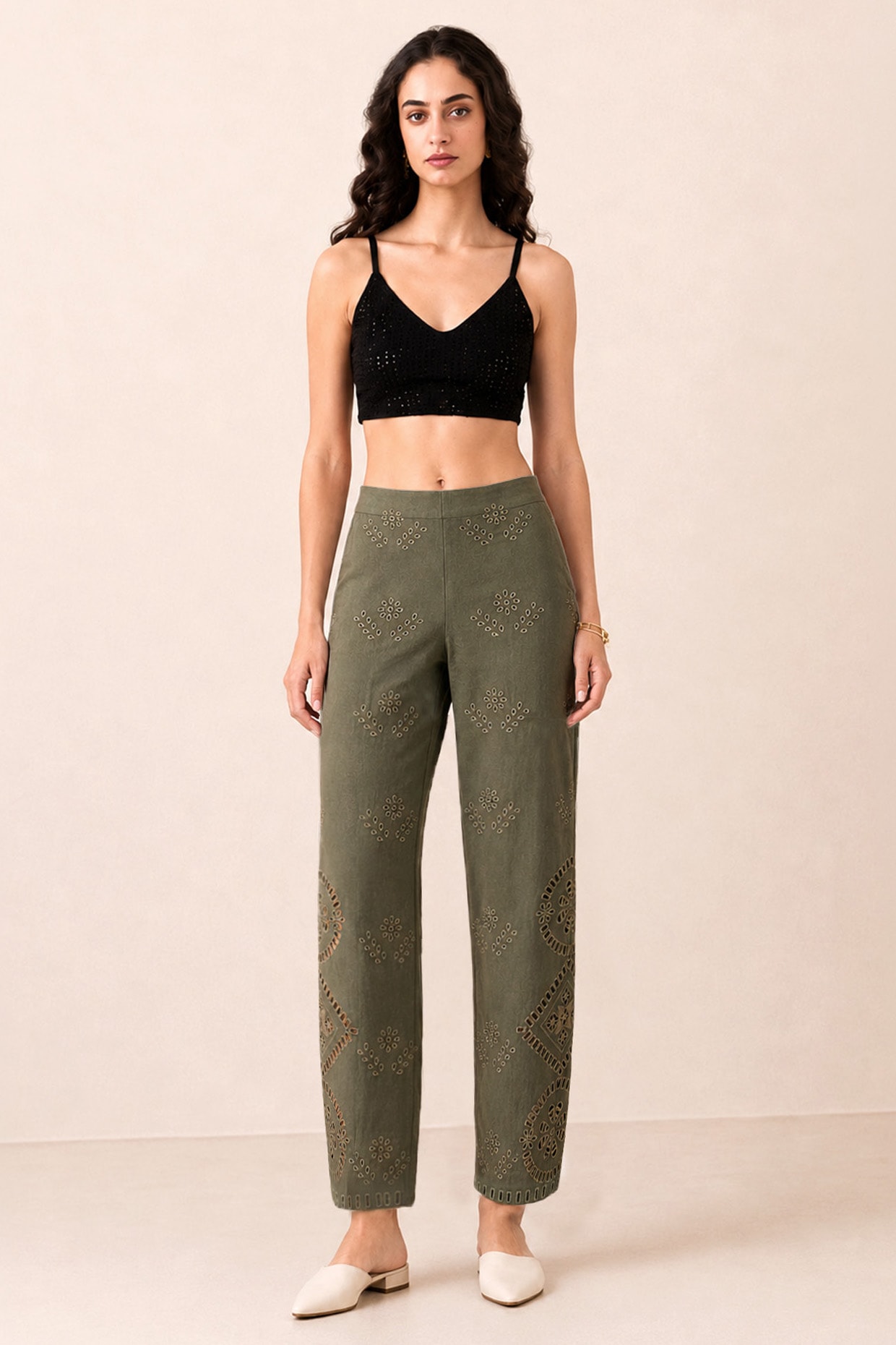 Ranna Gill Olive Cotton Twill Lace Detailed Pants