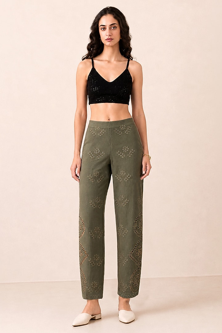 Olive Cotton Twill Lace Detailed Pants by Ranna Gill at Pernia's Pop Up Shop