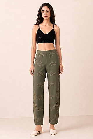 Olive Cotton Twill Lace Detailed Pants by Ranna Gill