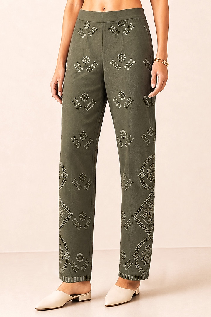 Olive Cotton Twill Lace Detailed Pants by Ranna Gill at Pernia's Pop Up Shop
