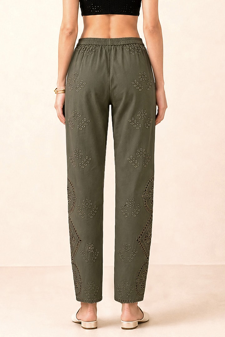 Olive Cotton Twill Lace Detailed Pants by Ranna Gill at Pernia's Pop Up Shop