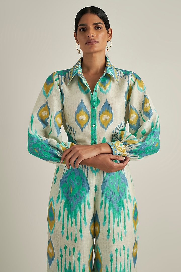 Multi-Colored Linen Viscose Ikat Printed Shirt by Ranna Gill at Pernia's Pop Up Shop